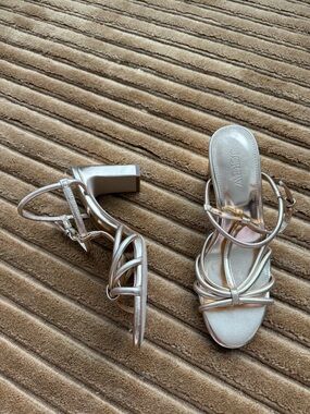 J. Crew Metallic Silver Strappy Block Heel Sandals